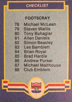 1986 Scanlens VFL #88 Footscray Bulldogs Back